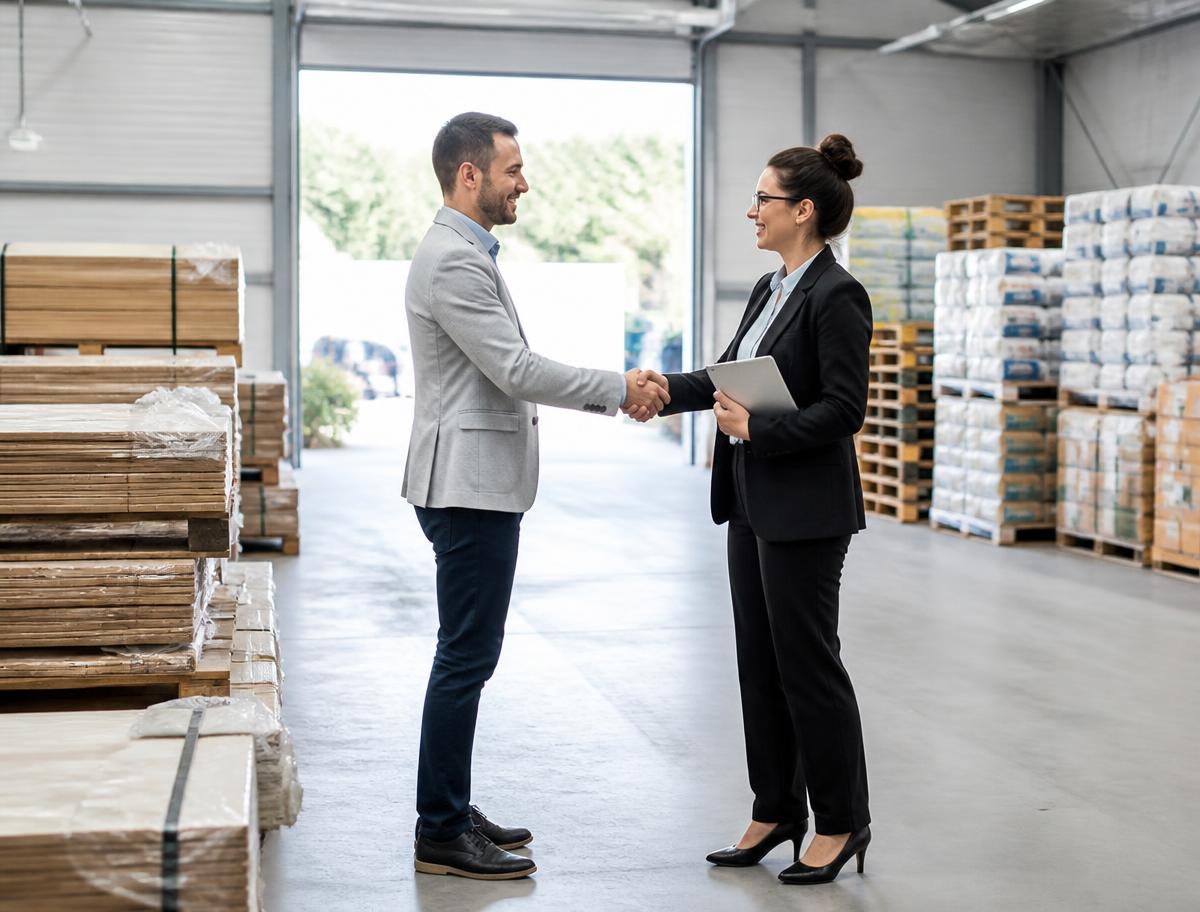 Two business professionals shaking hands in a warehouse of stacked materials